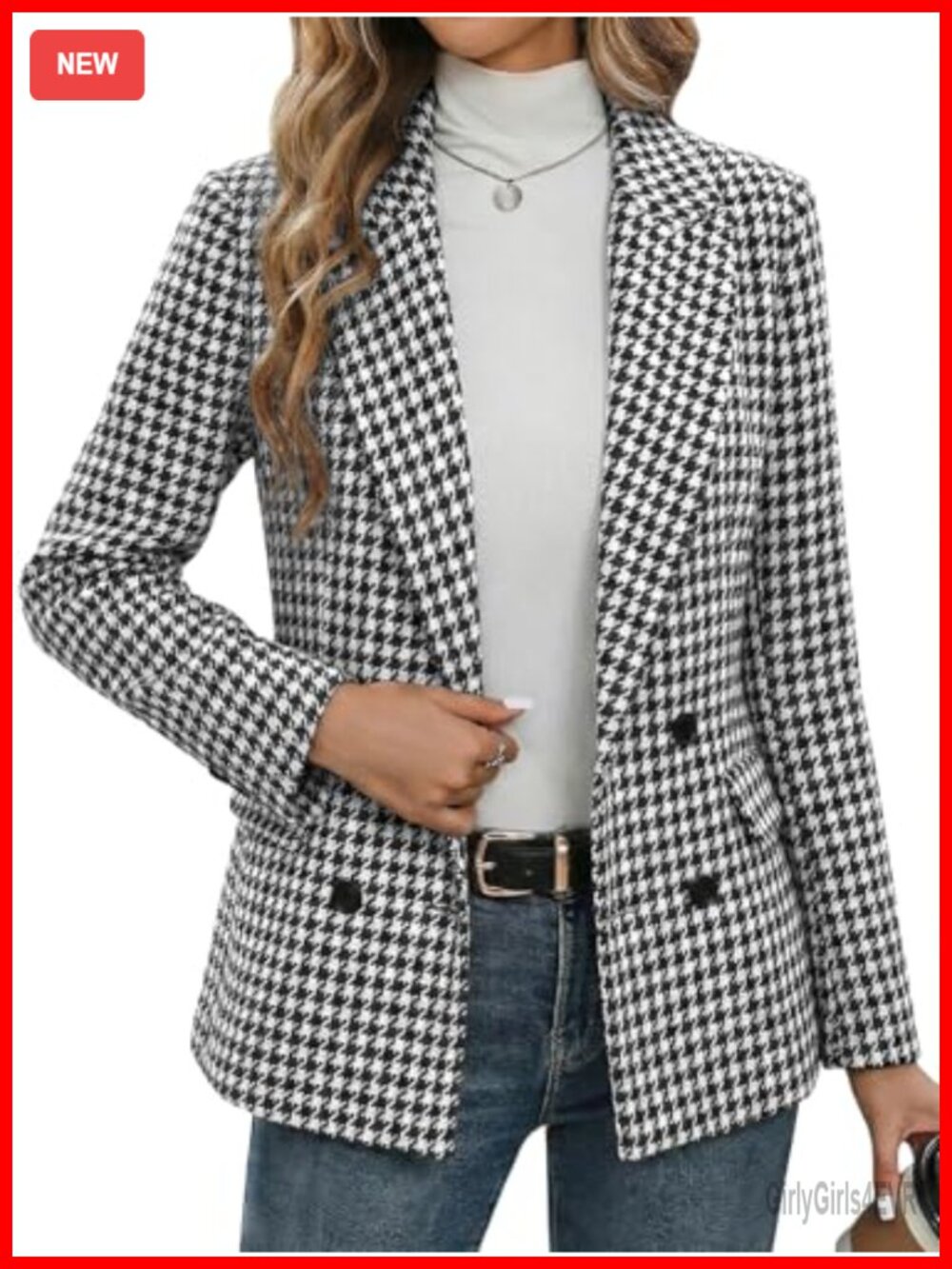 Tweed Houndstooth Blazer Jacket - Plaid Fully-Lined Double-Breasted Casual Work